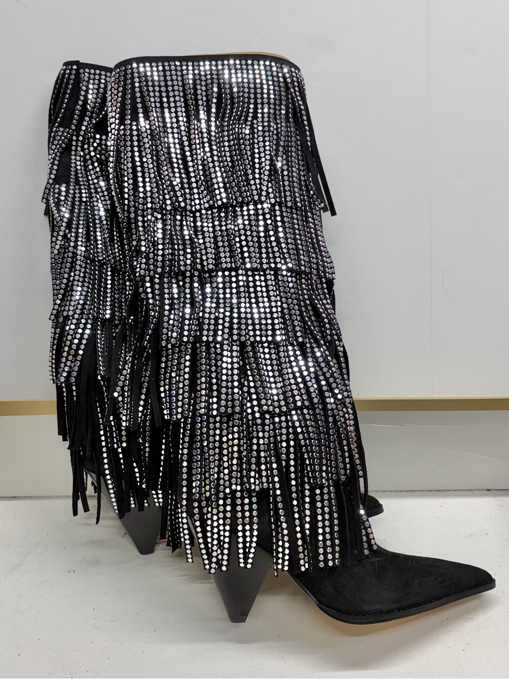 NEW Michael Kors 6.5 Jayla silver stud black suede Fringe Heel knee high Boots